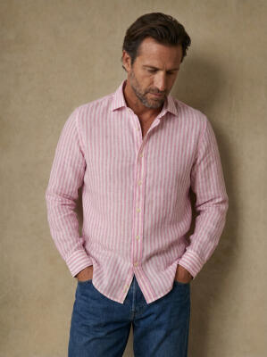 Chemise cintr&eacute;e Henry en lin &agrave; rayures rose