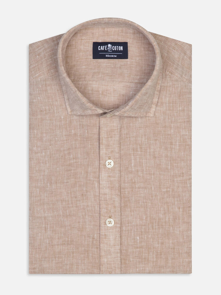 Camicia slim Olaf in lino color havana