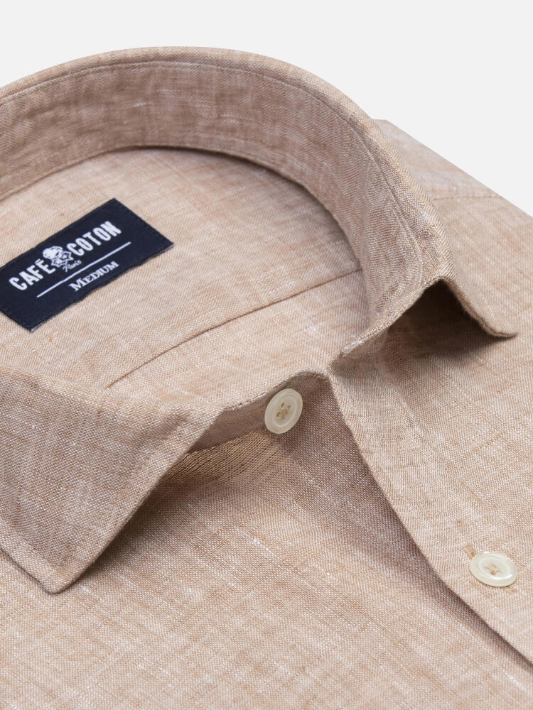 Camicia slim Olaf in lino color havana