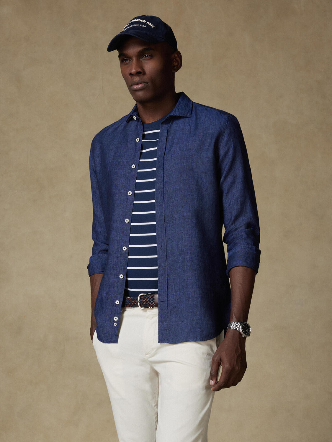 Olaf navy linen slim fit shirt