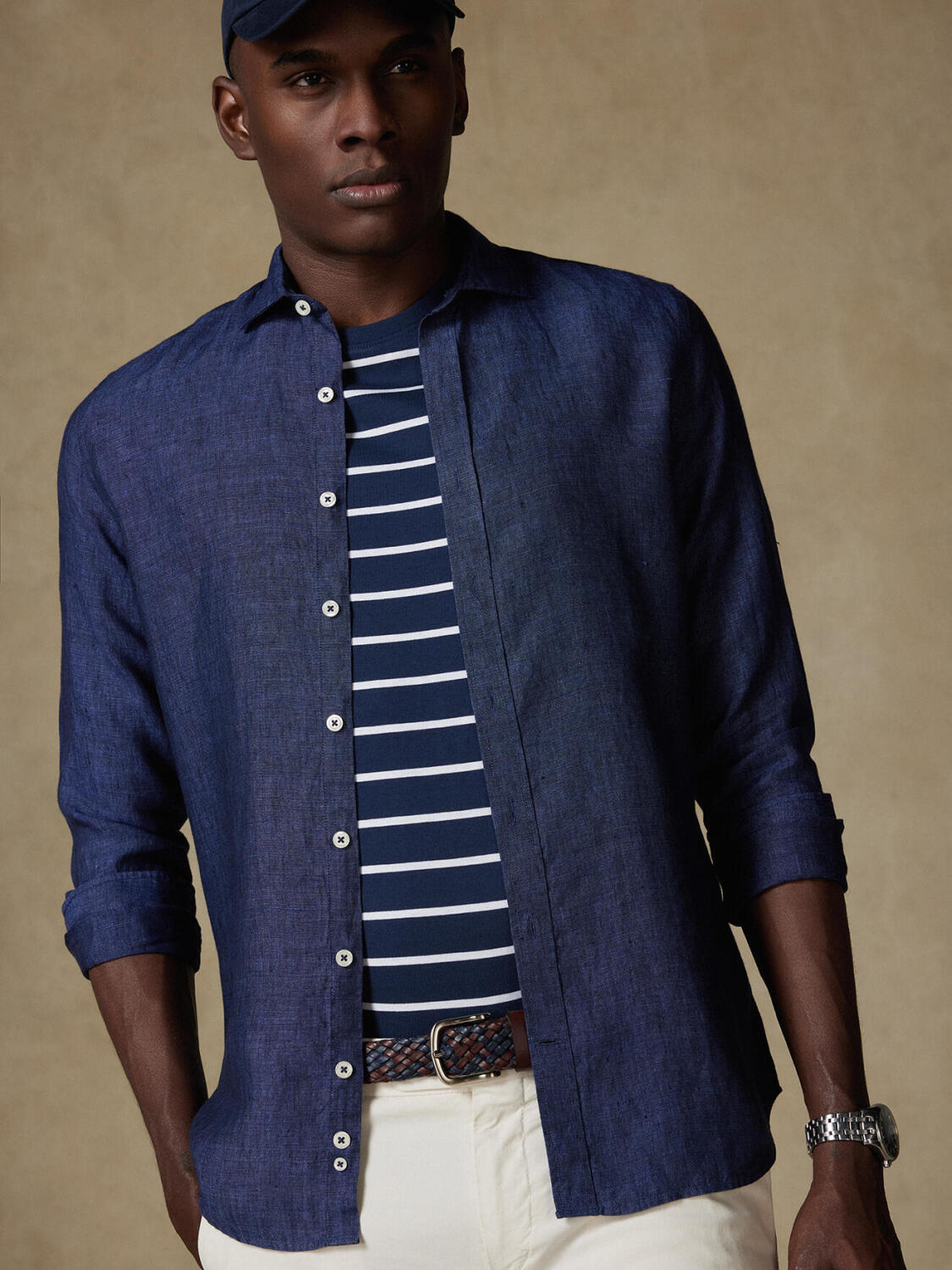 Olaf navy linen slim fit shirt