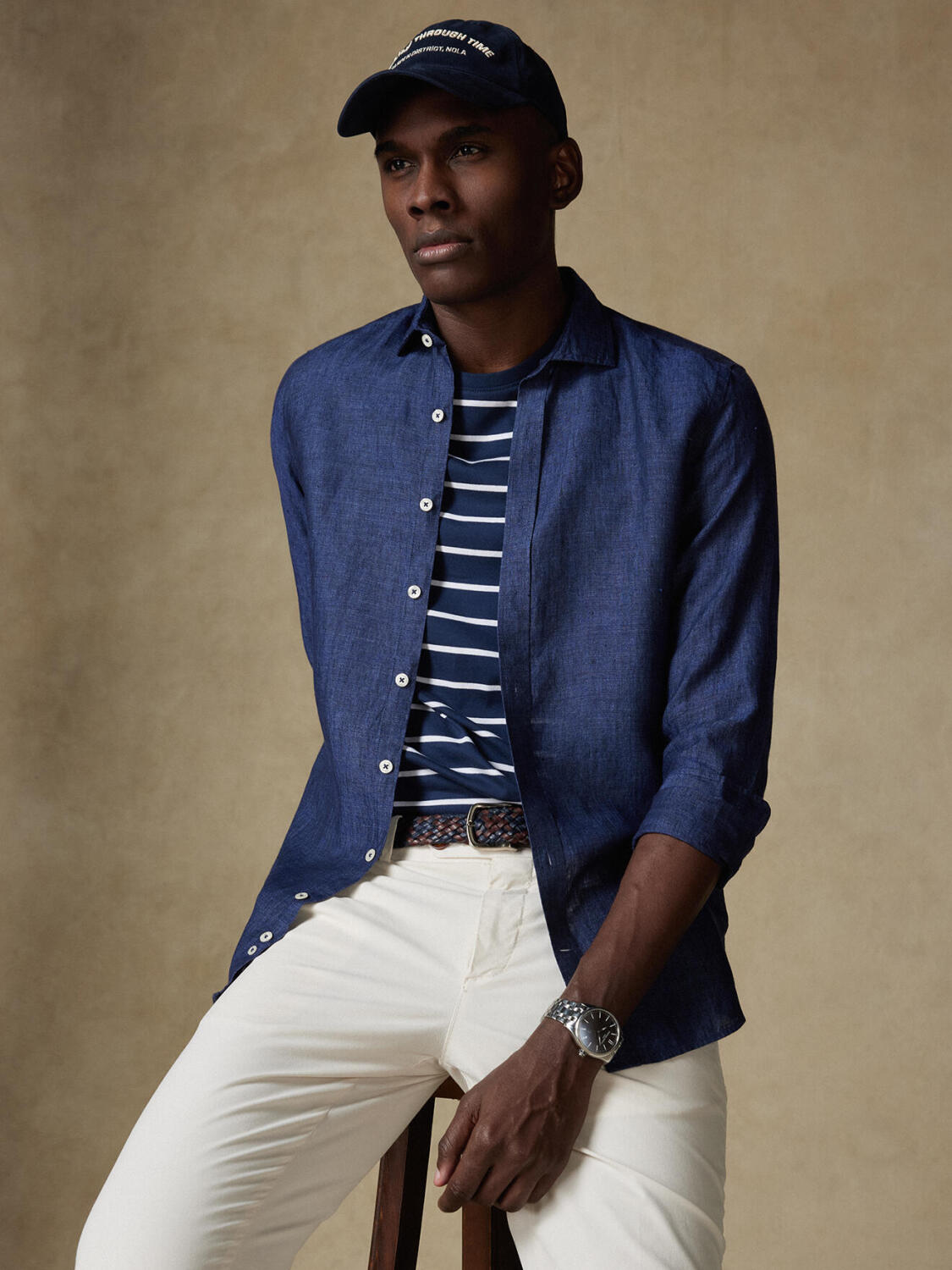 Olaf navy linen slim fit shirt