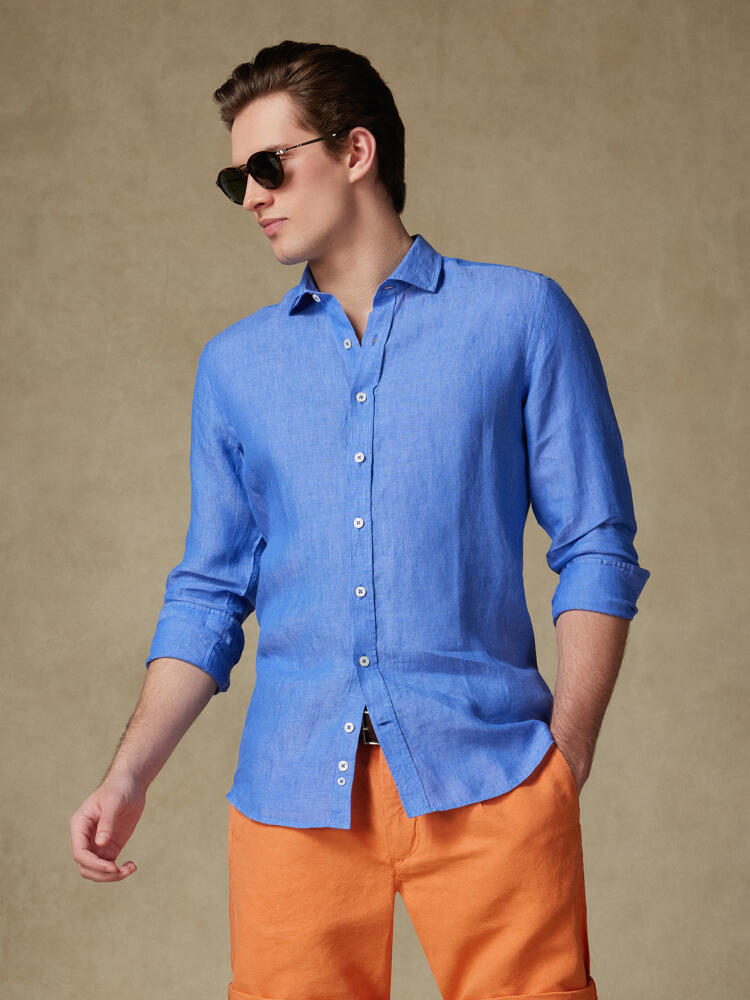 Camicia slim Olaf in lino blu cobalto