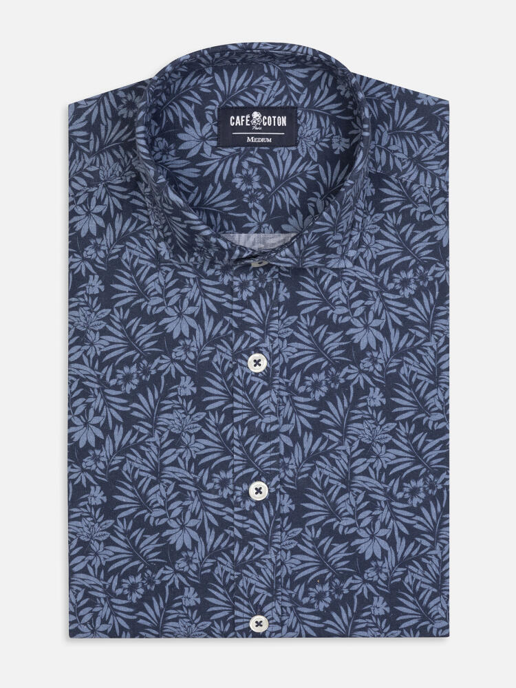 Chemise cintrée Spike en lin marine à motif floral