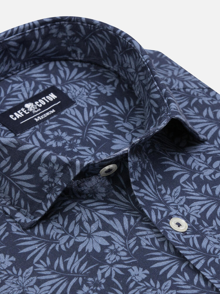 Chemise cintrée Spike en lin marine à motif floral