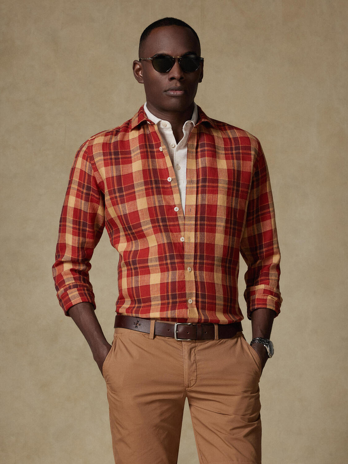 Camicia Spencer in lino con motivo tartan