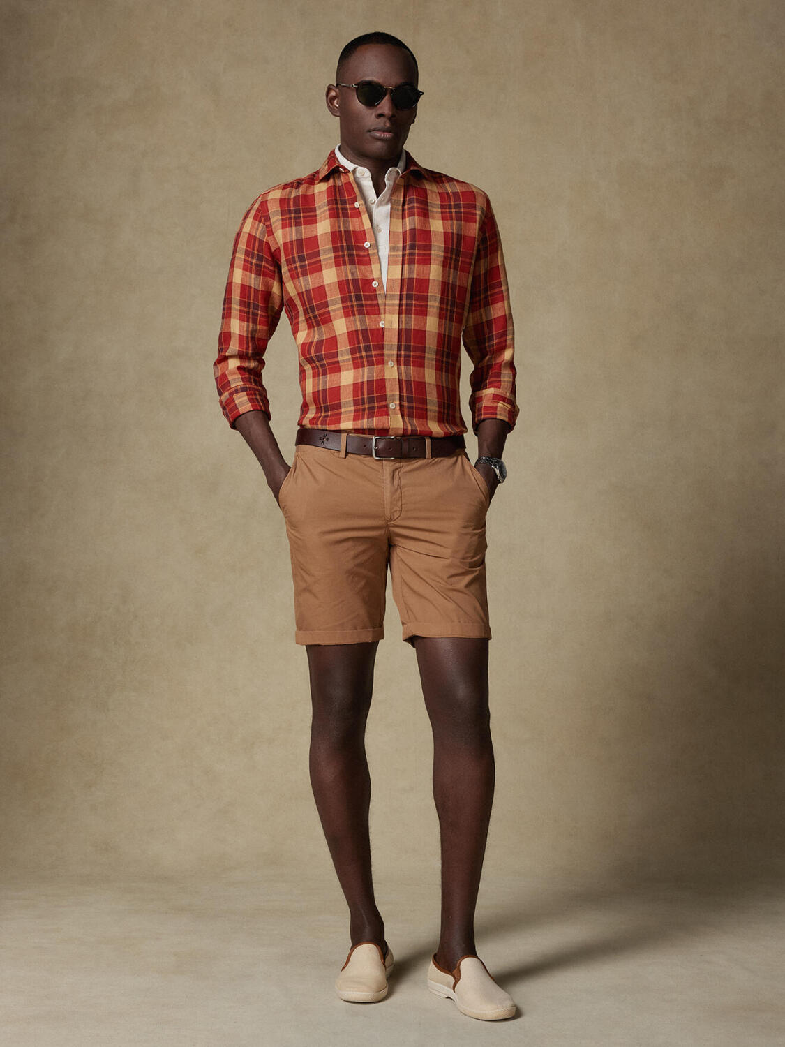 Camicia Spencer in lino con motivo tartan