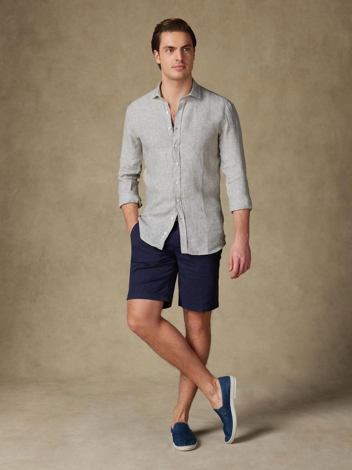 Ted camicia di lino a righe kaki