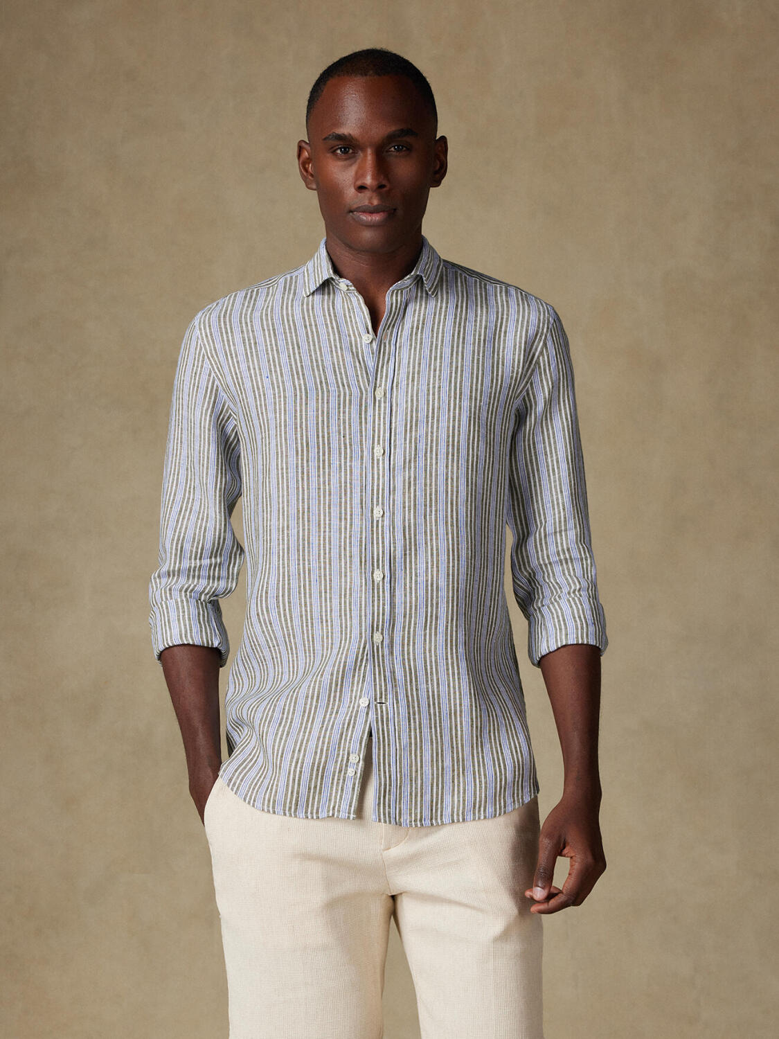 Thom camicia di lino a righe kaki