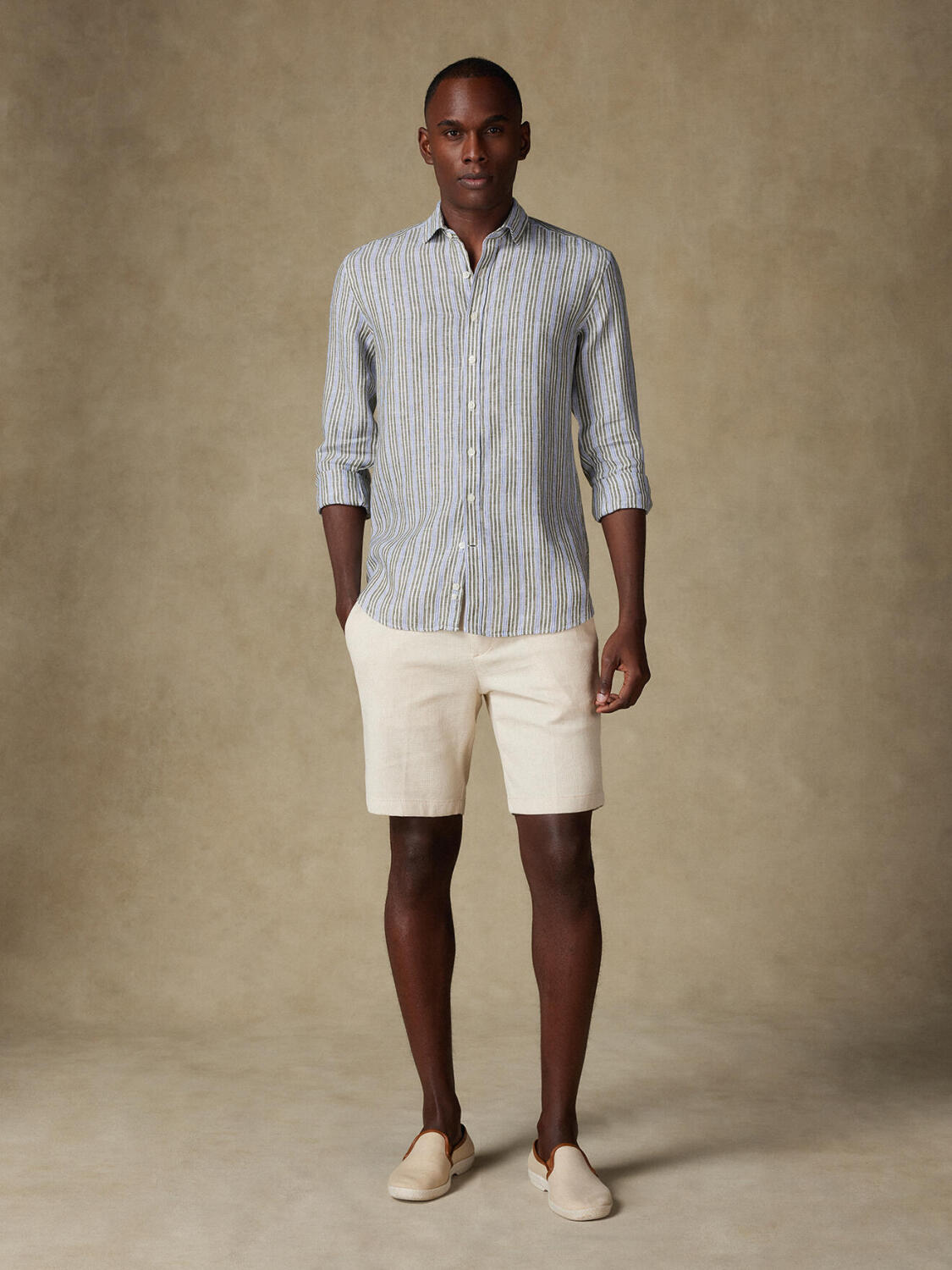 Thom camicia di lino a righe kaki