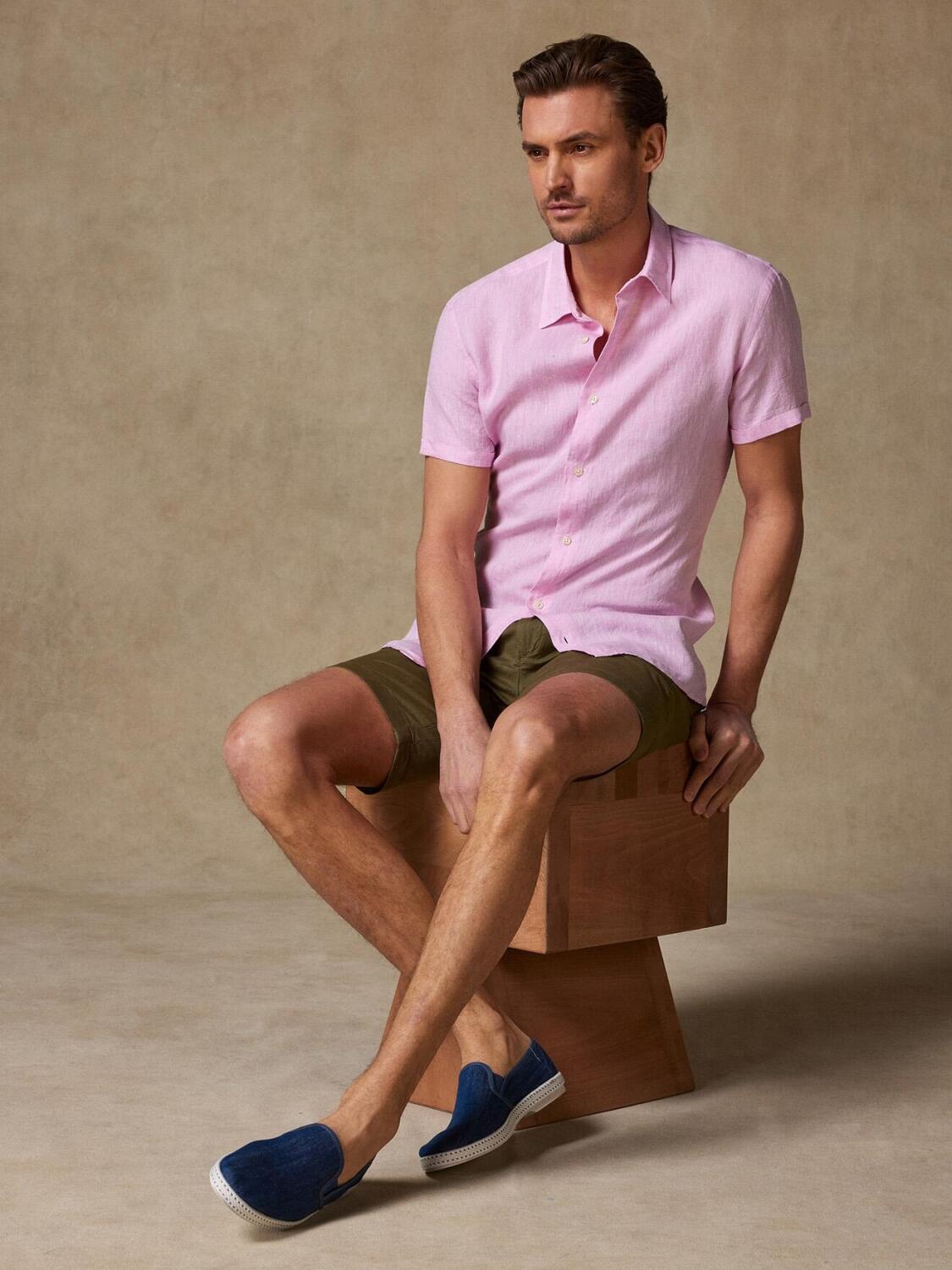 Cody shirt in pink linen - Short Sleeve