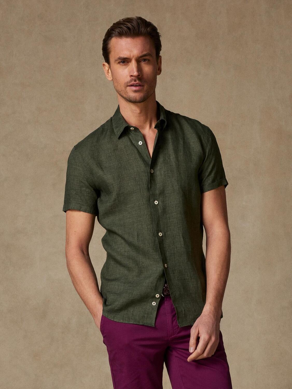 Cody overhemd in kaki linnen - Korte mouwen