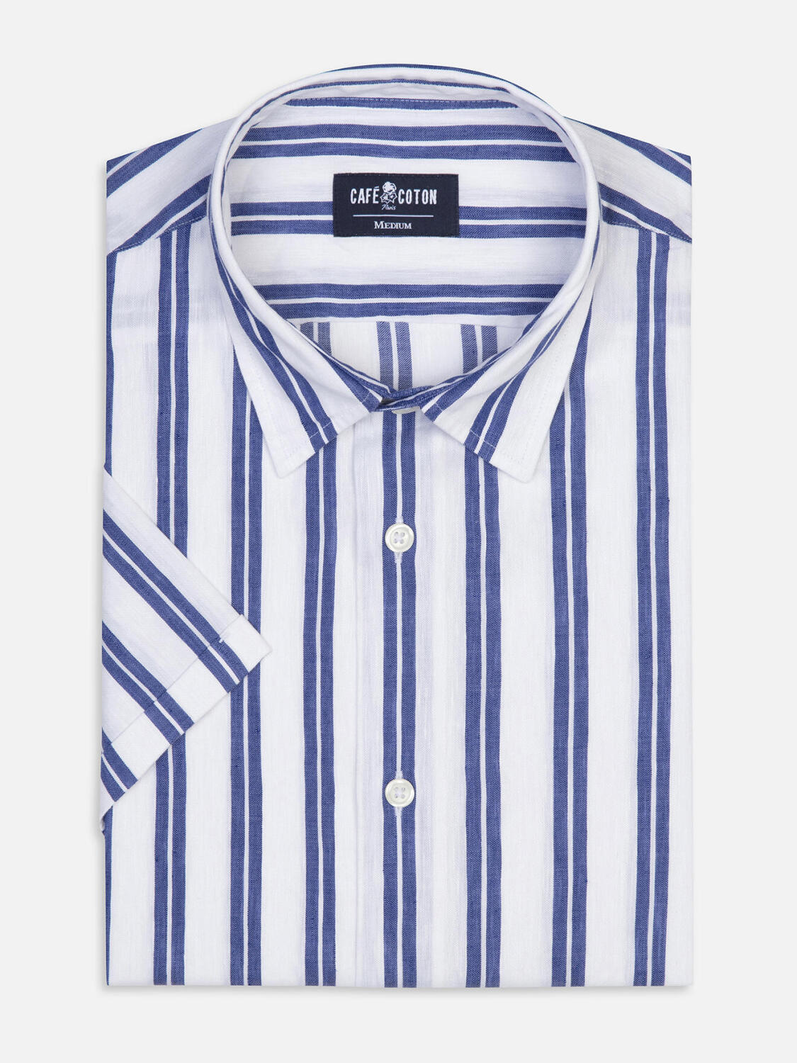 Camicia a maniche corte Dean in lino a righe blu scuro