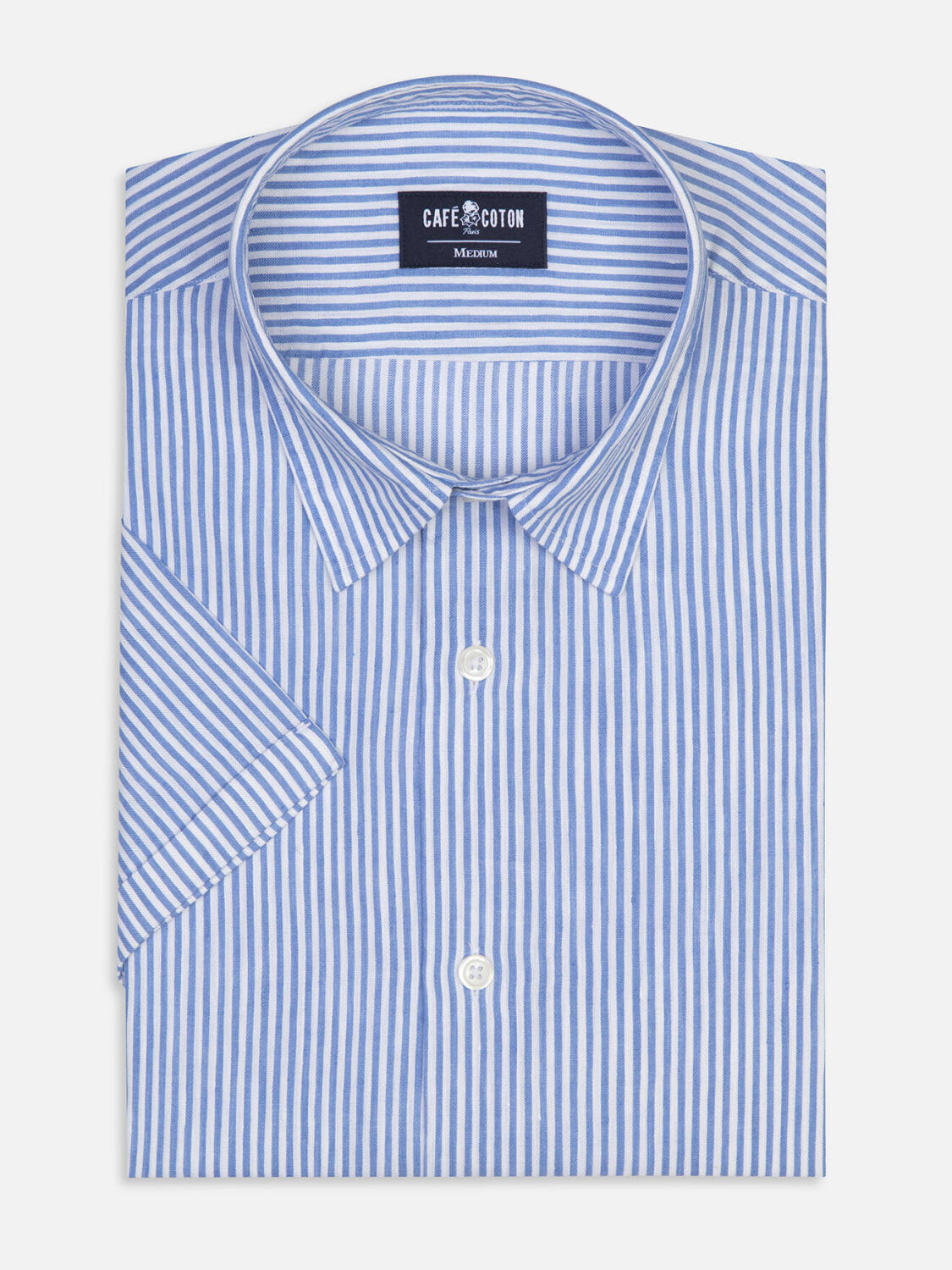 Camicia a maniche corte Eden in lino a righe celesti