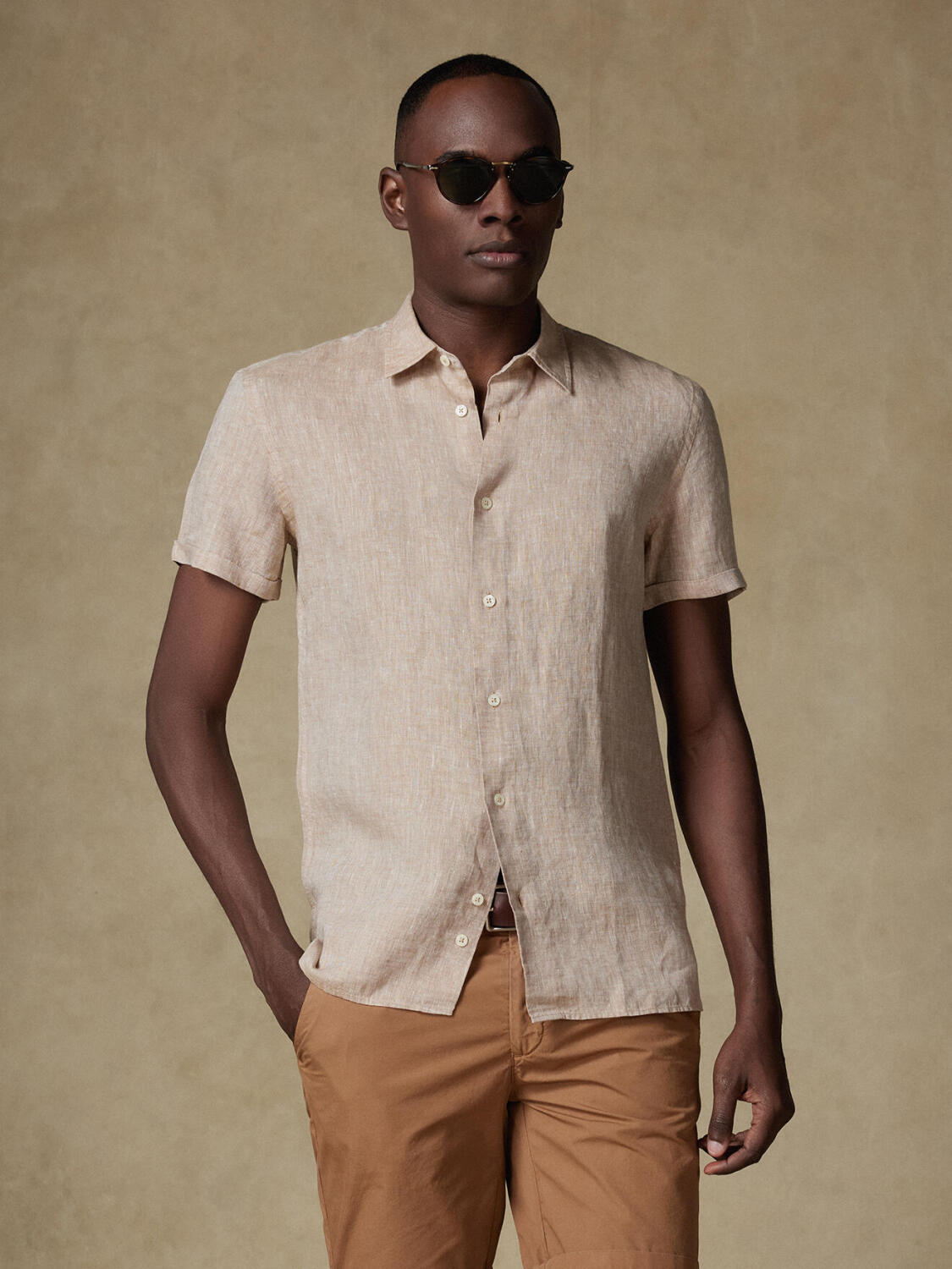 Camicia a maniche corte Olaf in lino color havana