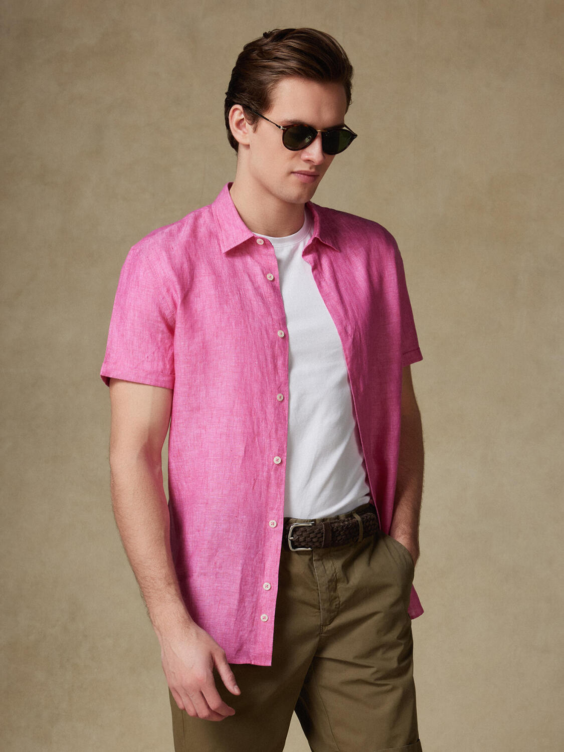Chemise manches courtes Olaf en lin fuchsia