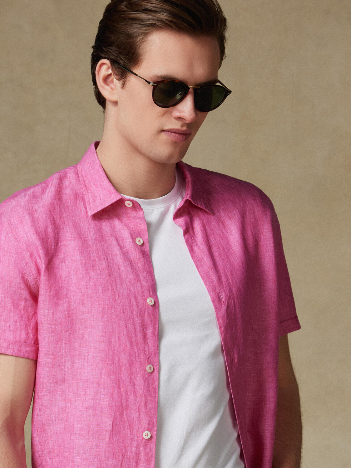 Chemise manches courtes Olaf en lin fuchsia