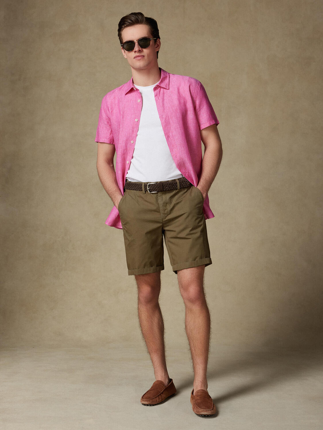 Chemise manches courtes Olaf en lin fuchsia