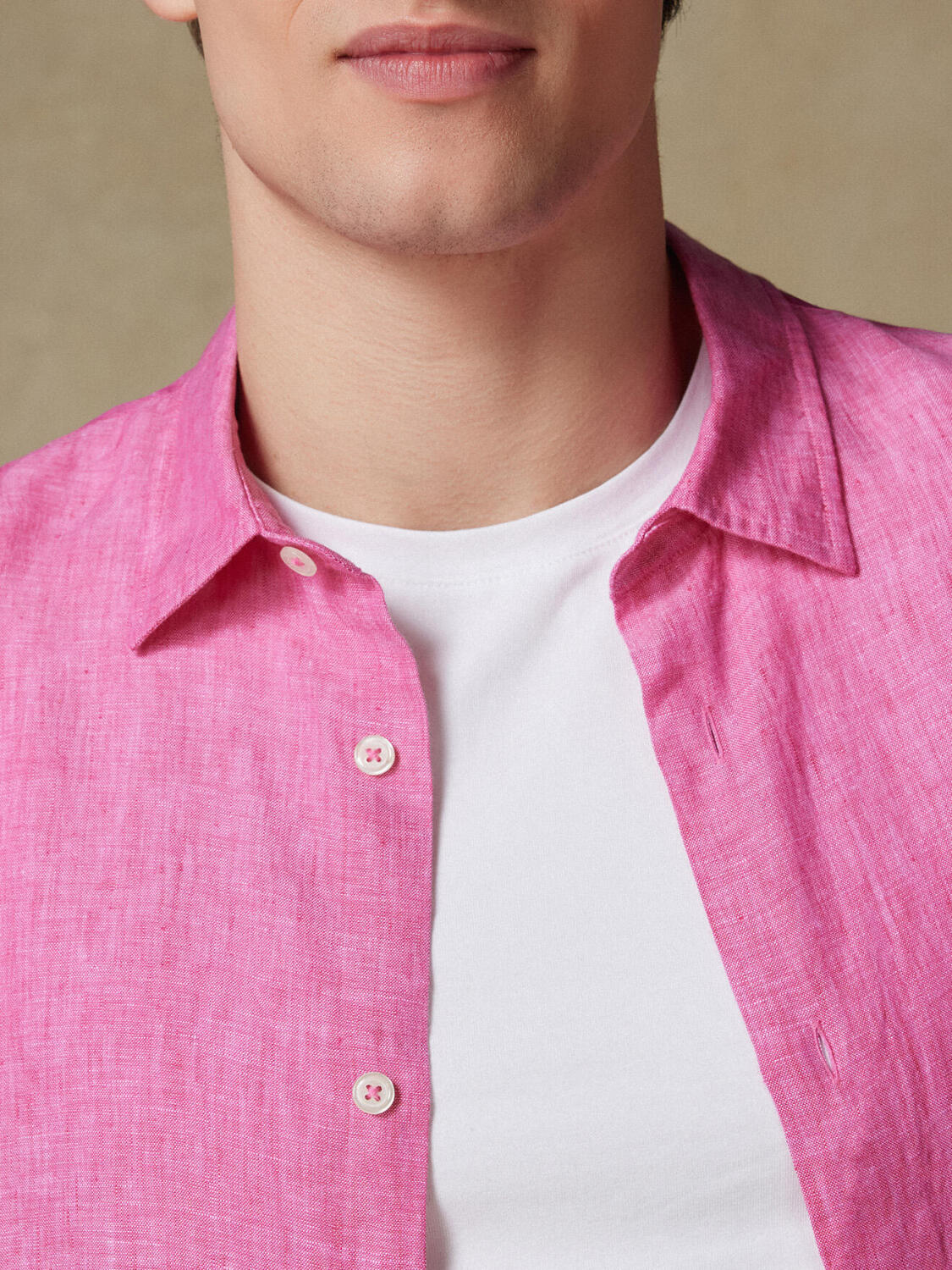 Chemise manches courtes Olaf en lin fuchsia