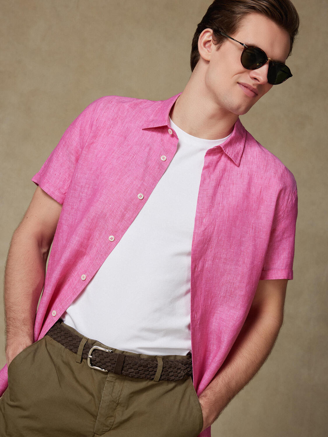 Chemise manches courtes Olaf en lin fuchsia