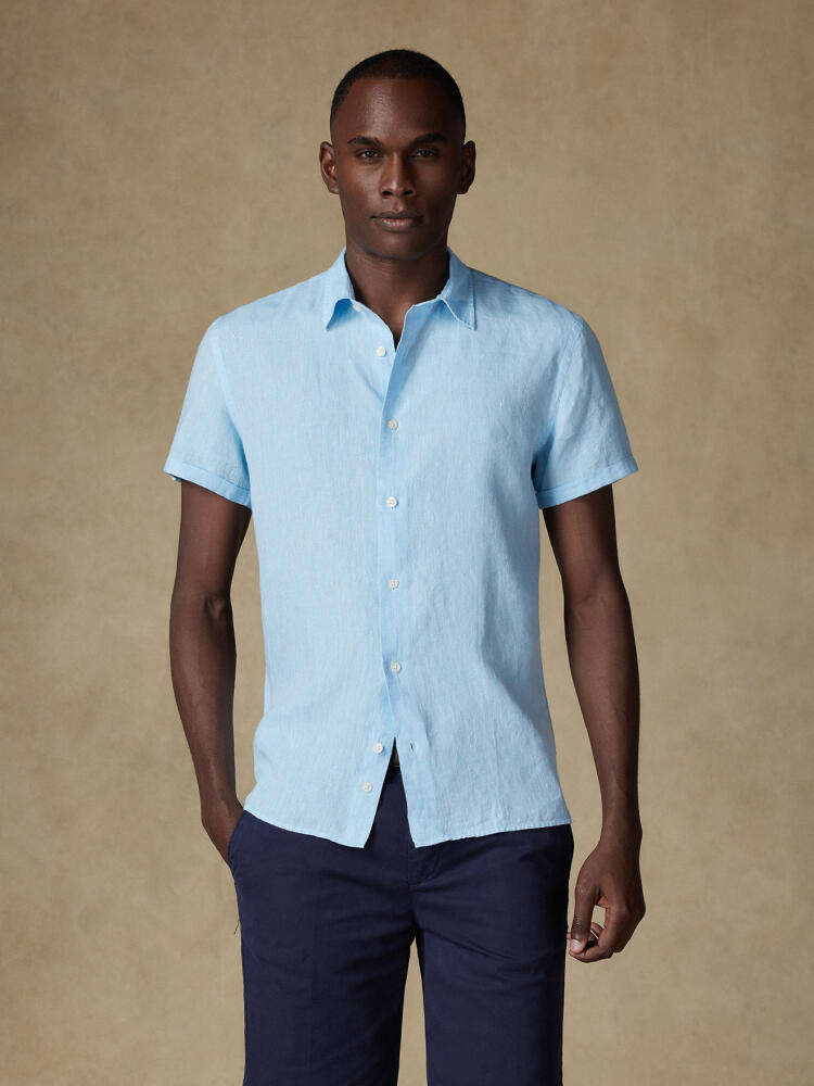 Chemise manches courtes Olaf en lin turquoise