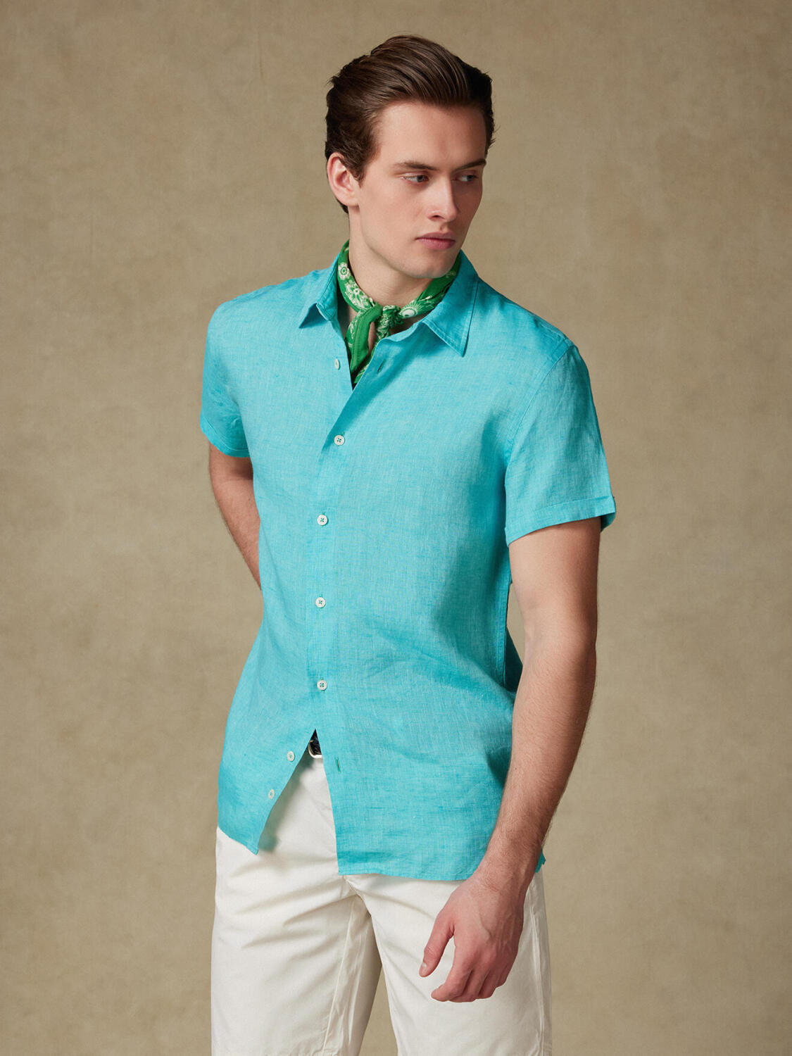 Overhemd met korte mouwen Olaf van linnen in smaragdgroen
