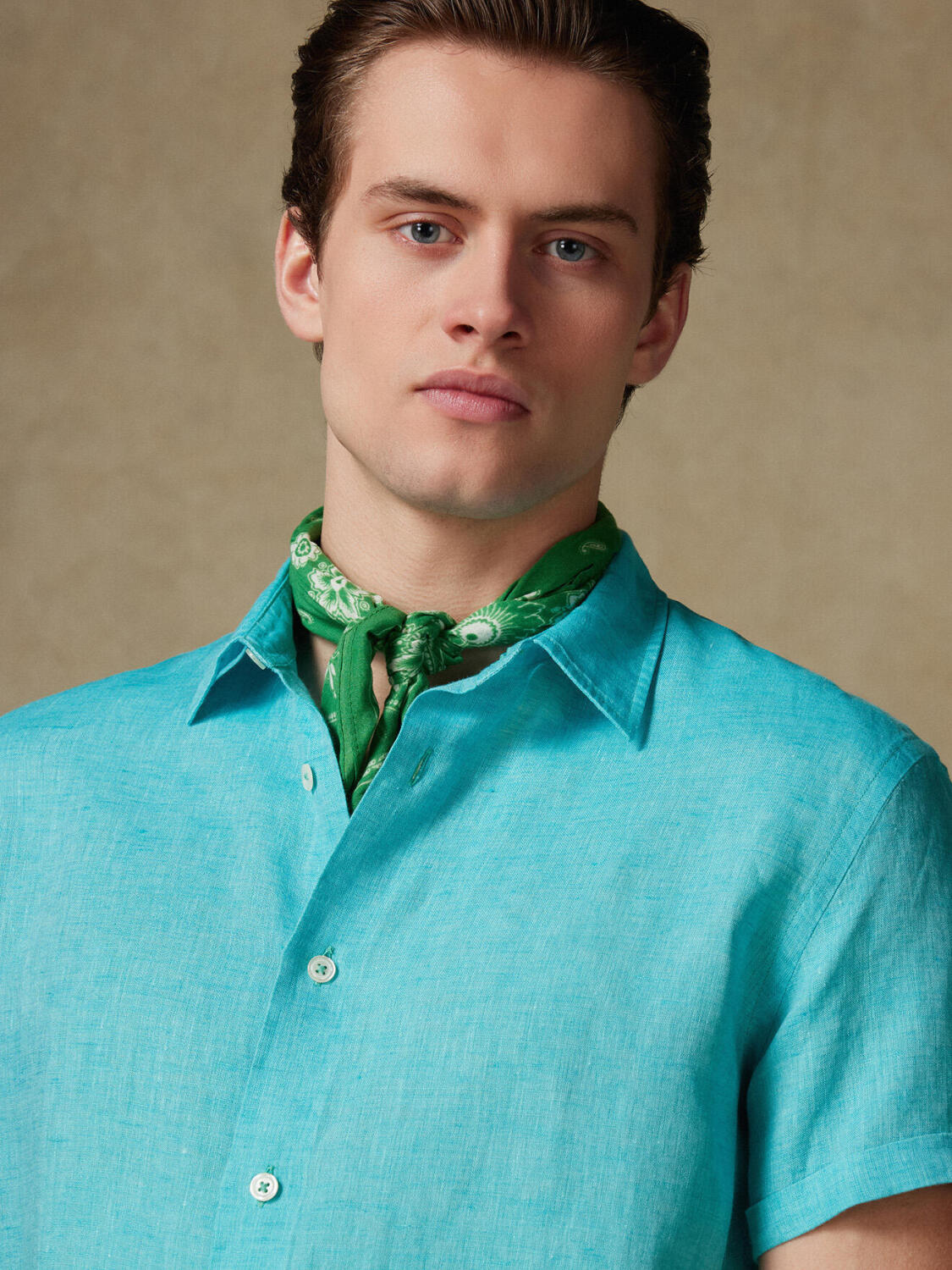 Overhemd met korte mouwen Olaf van linnen in smaragdgroen