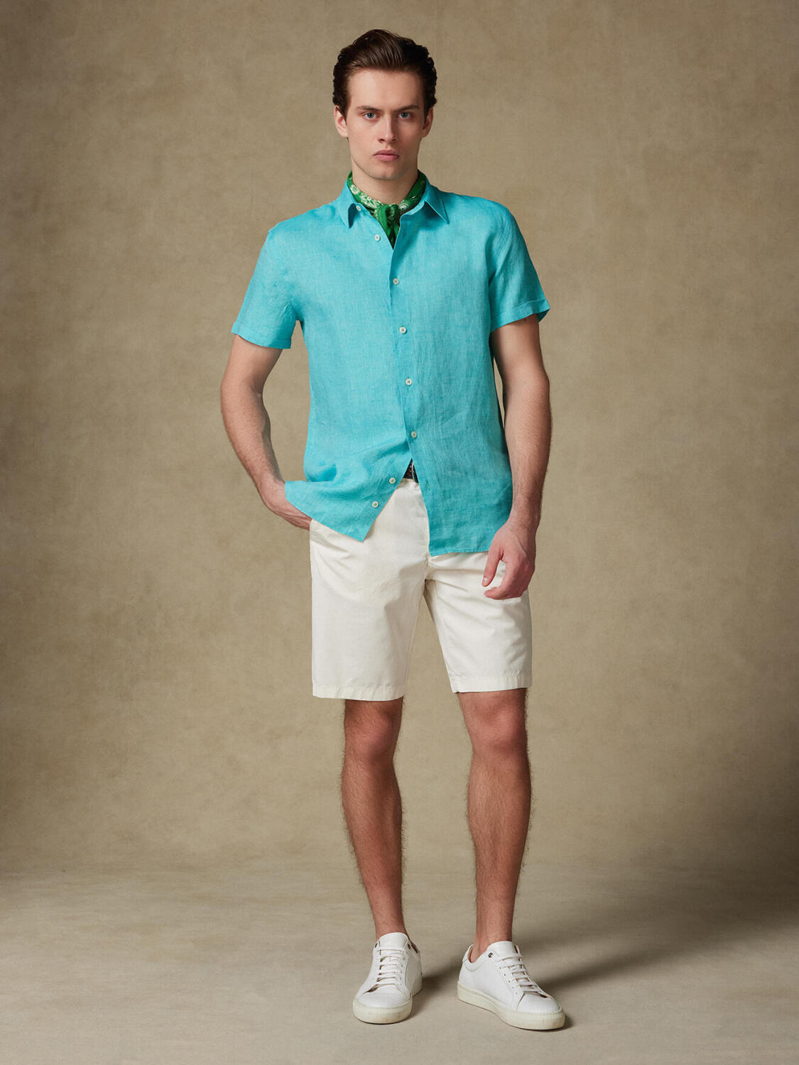 Overhemd met korte mouwen Olaf van linnen in smaragdgroen