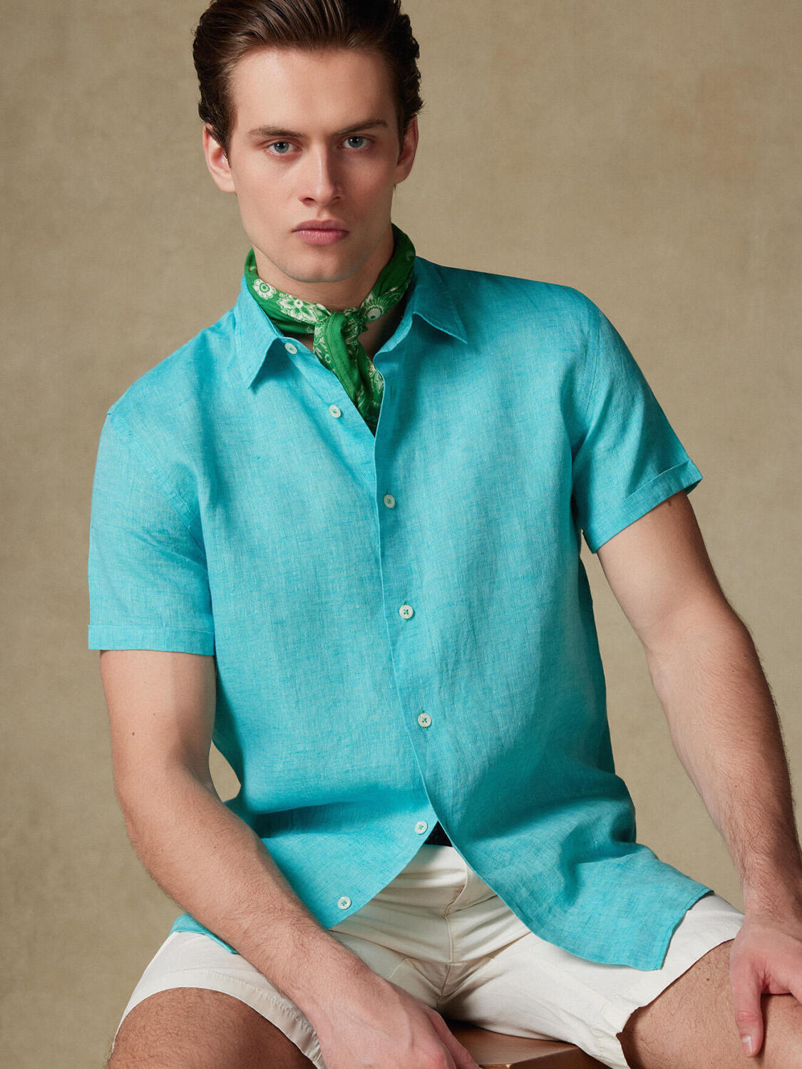 Overhemd met korte mouwen Olaf van linnen in smaragdgroen