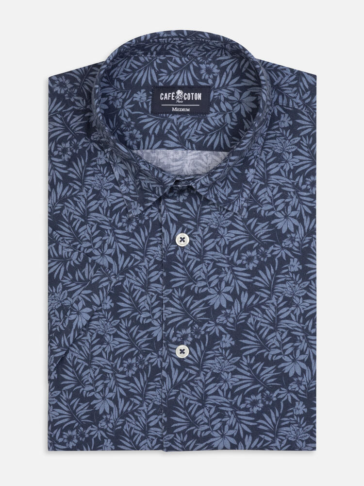 Chemise manches courtes Spike en lin marine à motif floral