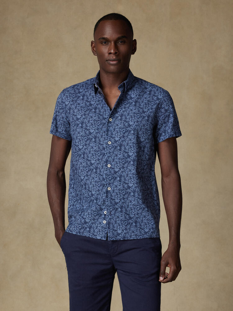 Chemise manches courtes Spike en lin marine à motif floral