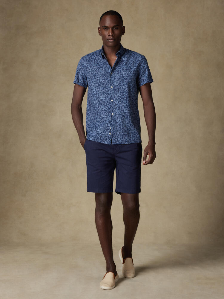 Chemise manches courtes Spike en lin marine à motif floral