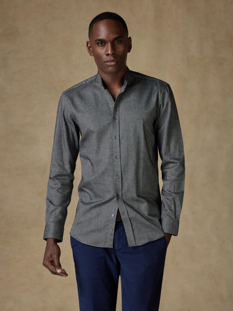 Charcoal melange brushed flannel Callum collarless shirt