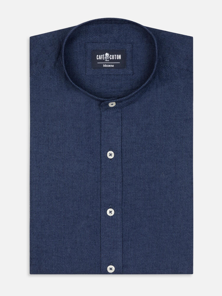 Navy melange brushed flannel Callum collarless shirt