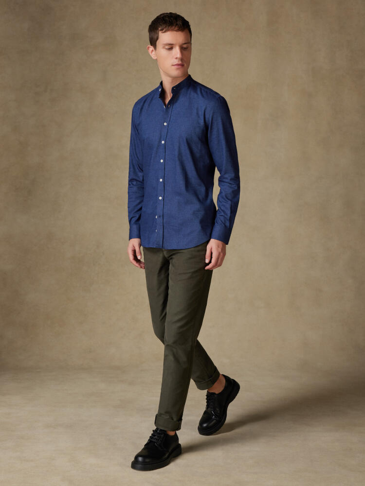 Navy melange brushed flannel Callum collarless shirt