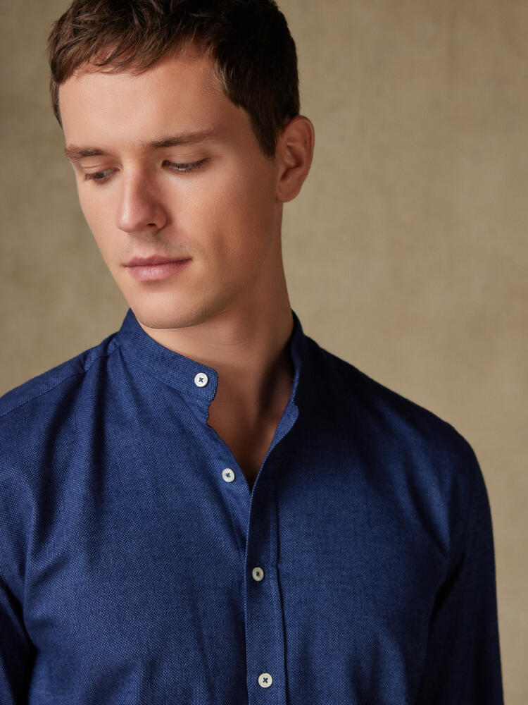 Navy melange brushed flannel Callum collarless shirt