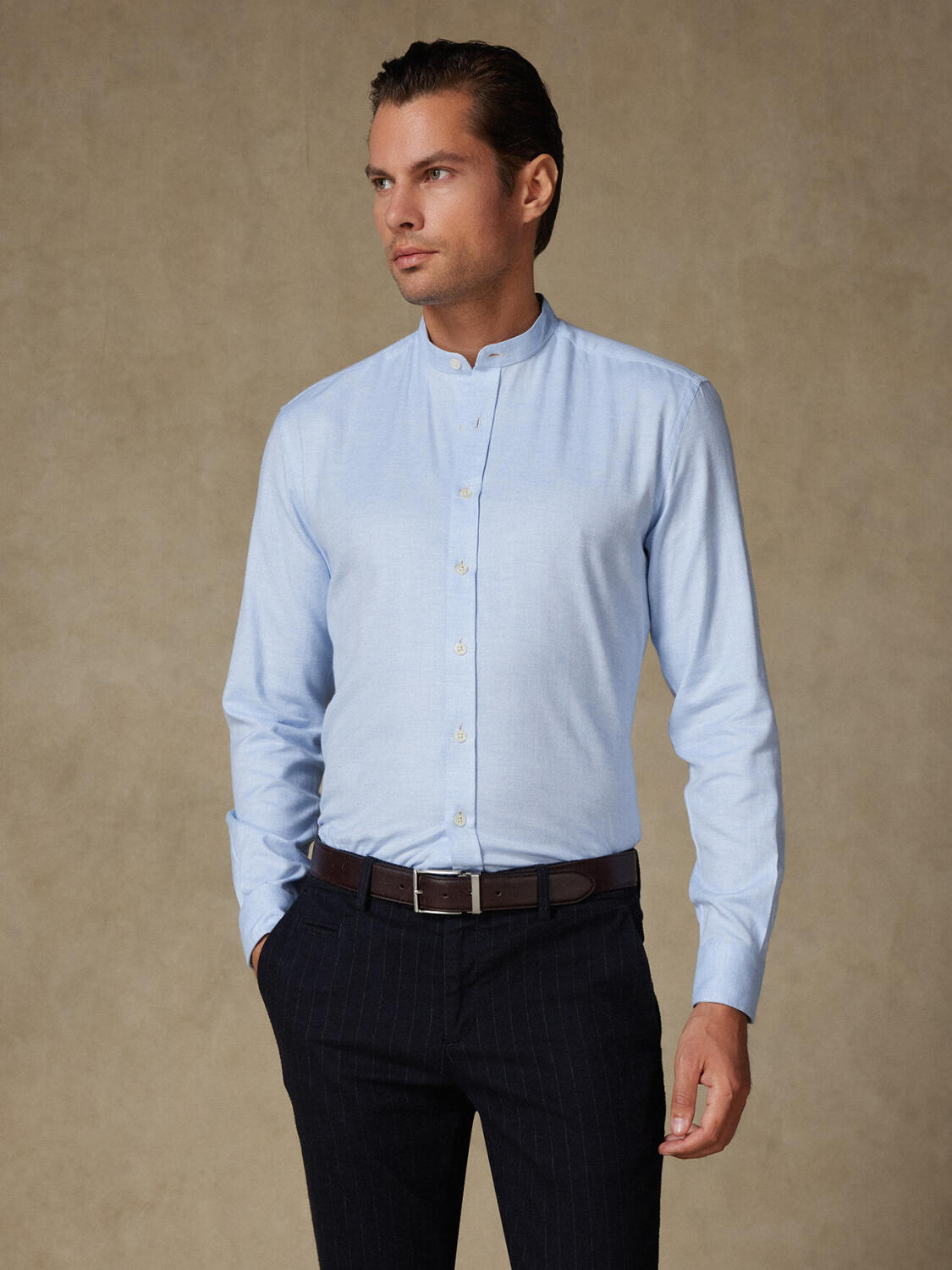 Chemise Hall en flanelle ciel - Col Mao