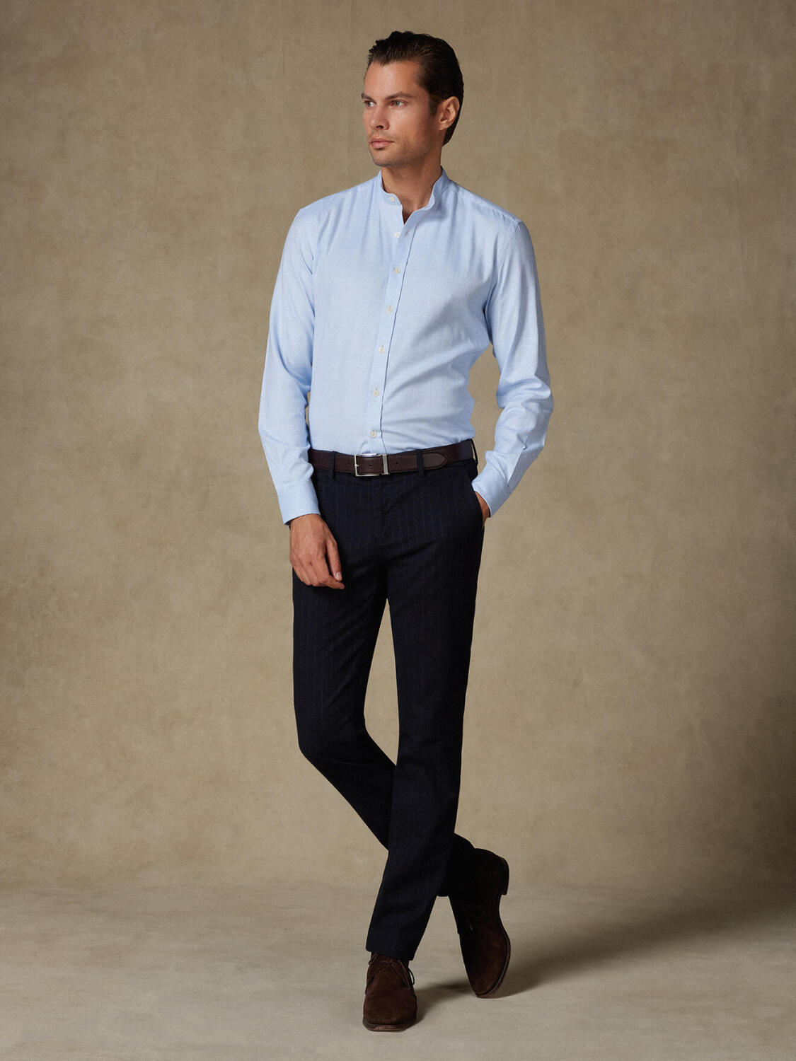 Chemise Hall en flanelle ciel - Col Mao