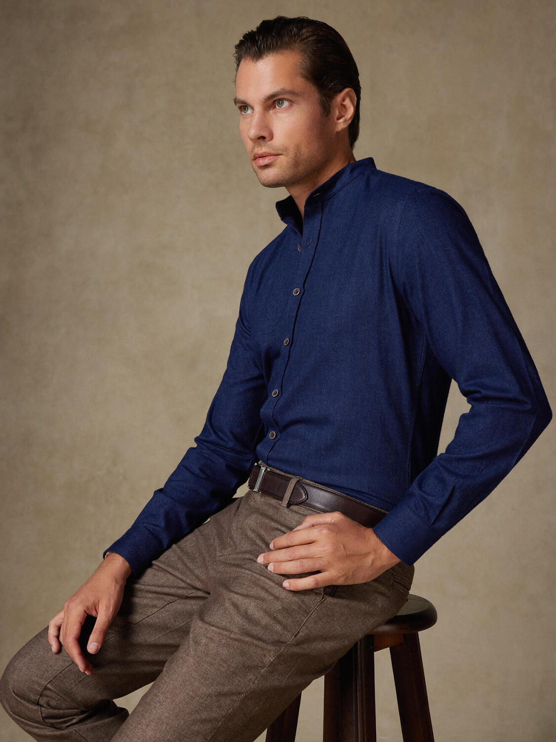 Chemise Hall en flanelle marine - Col Mao