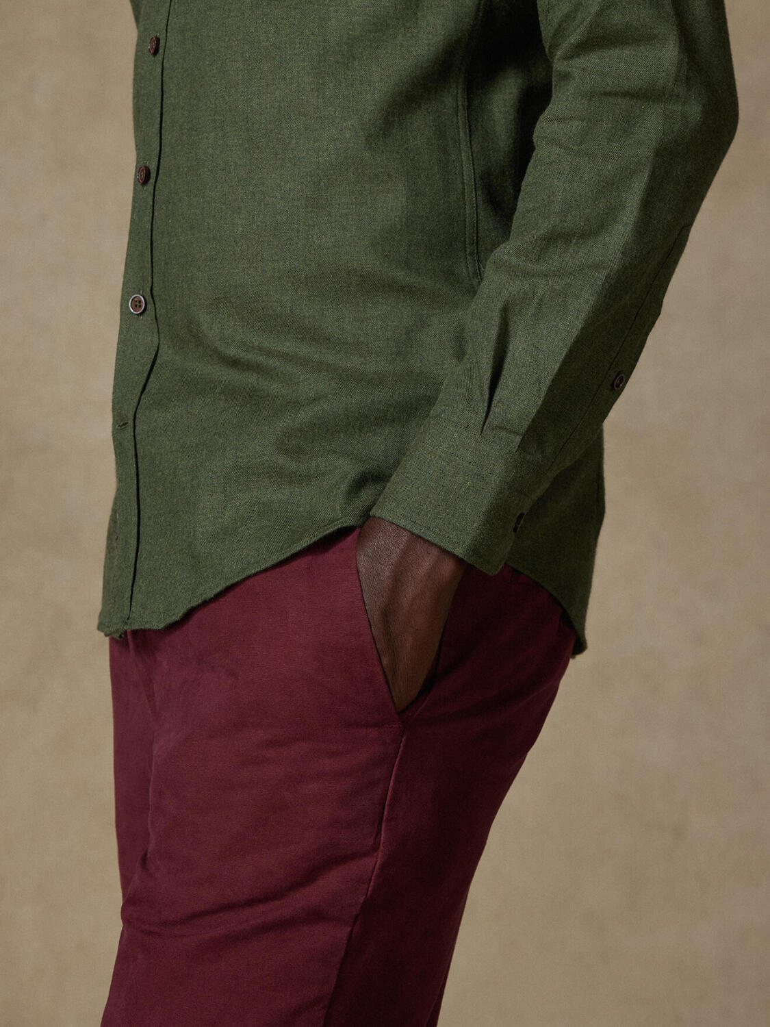 Camisa Hall de franela caqui - Cuello Mao