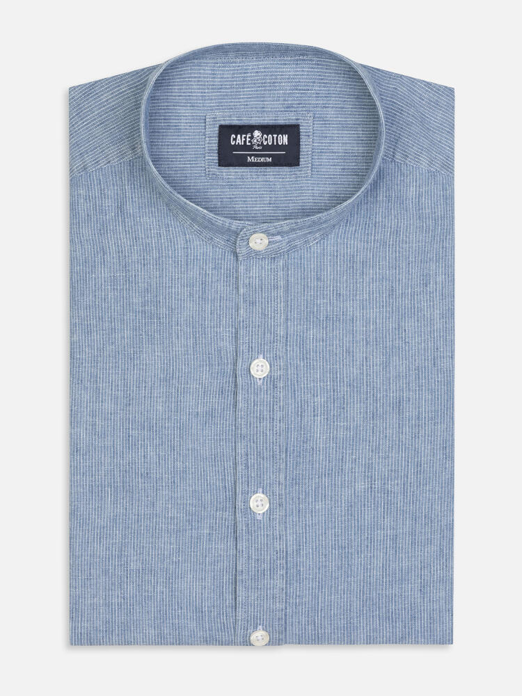 Kirk colarless shirt in sky stripes linen