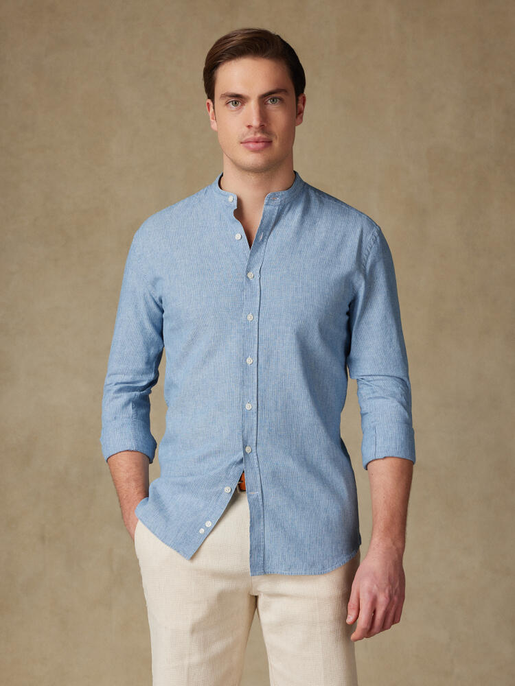 Kirk colarless shirt in sky stripes linen