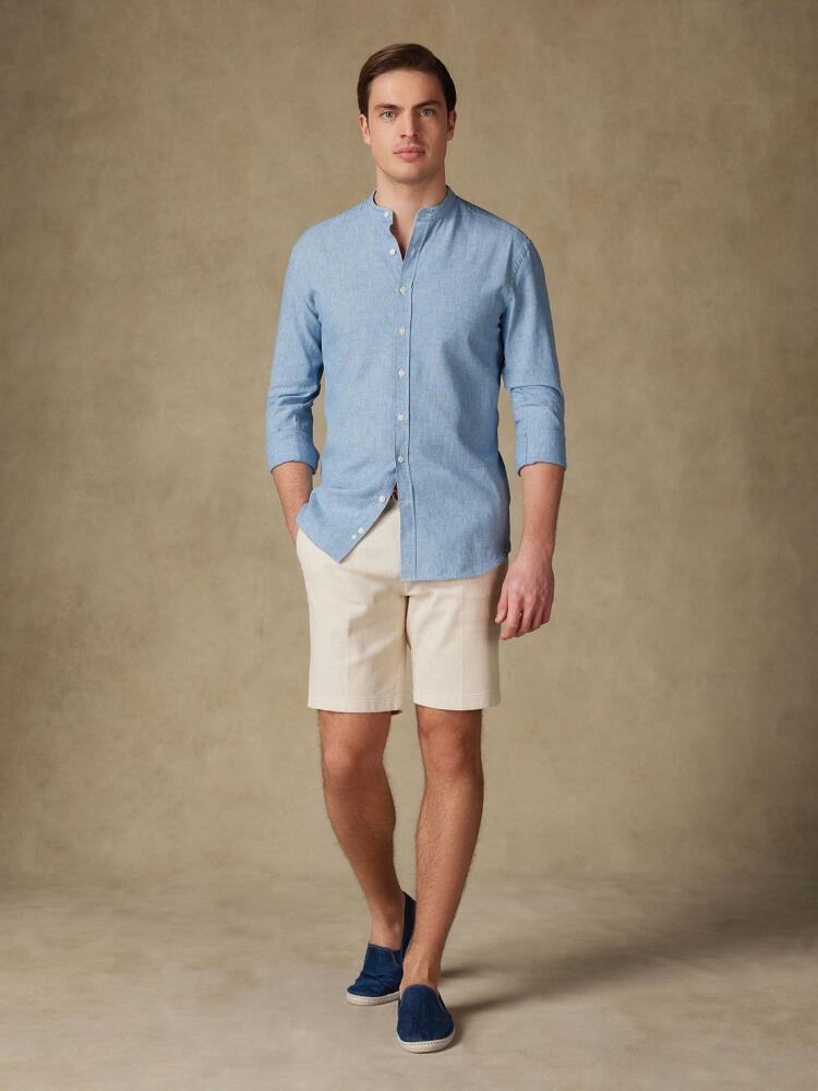 Kirk colarless shirt in sky stripes linen