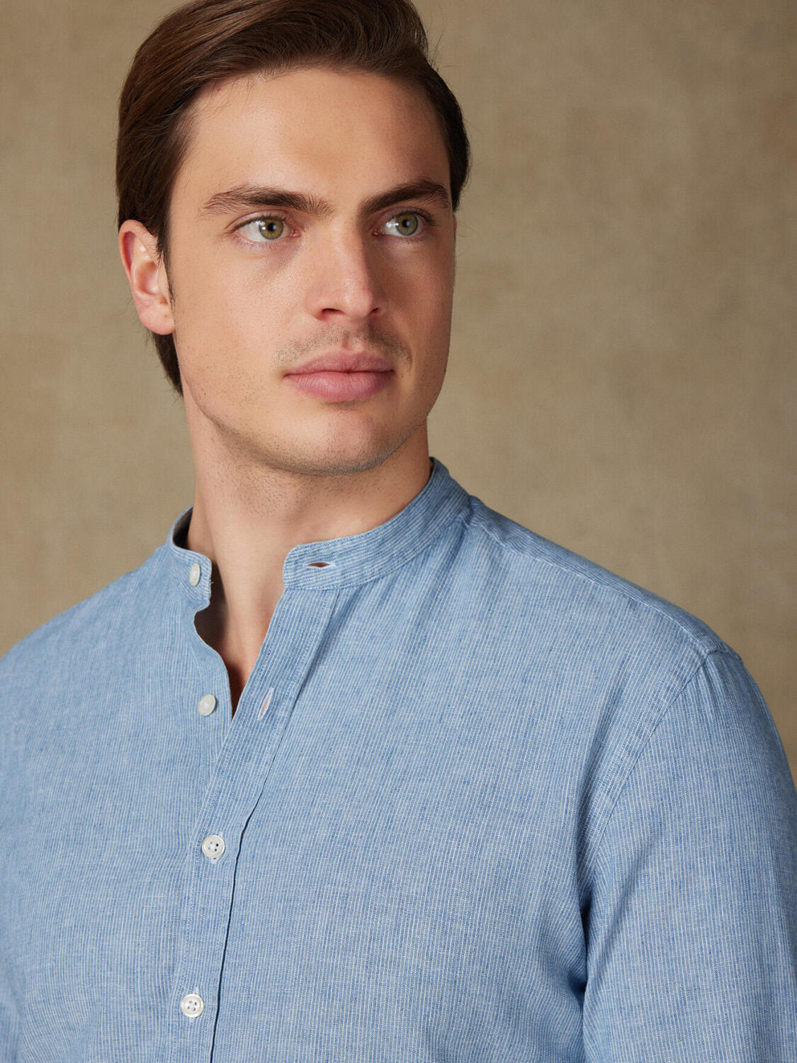 Chemise col mao Kirk en lin à rayures ciel