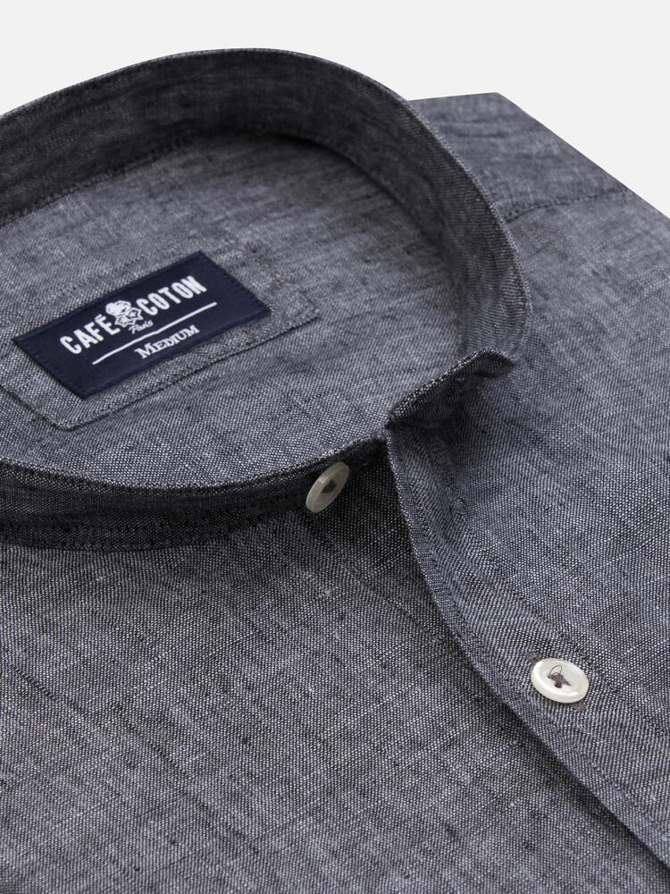 Olaf collarless shirt in anthracite linen