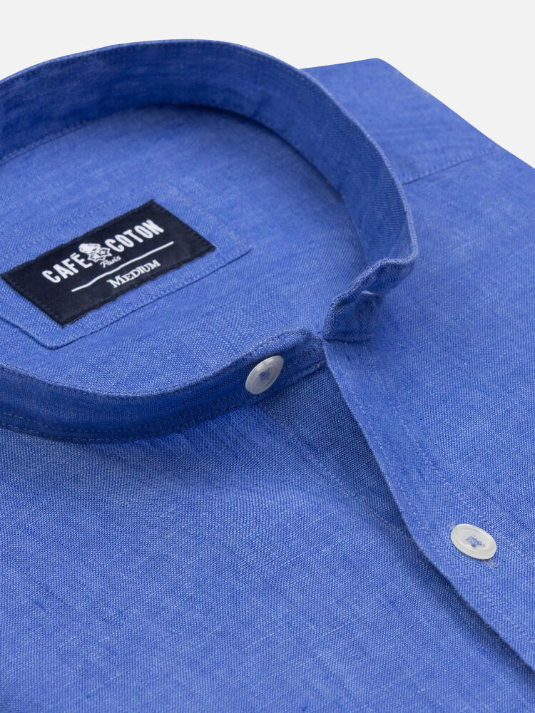 Olaf collarless shirt in indigo linen