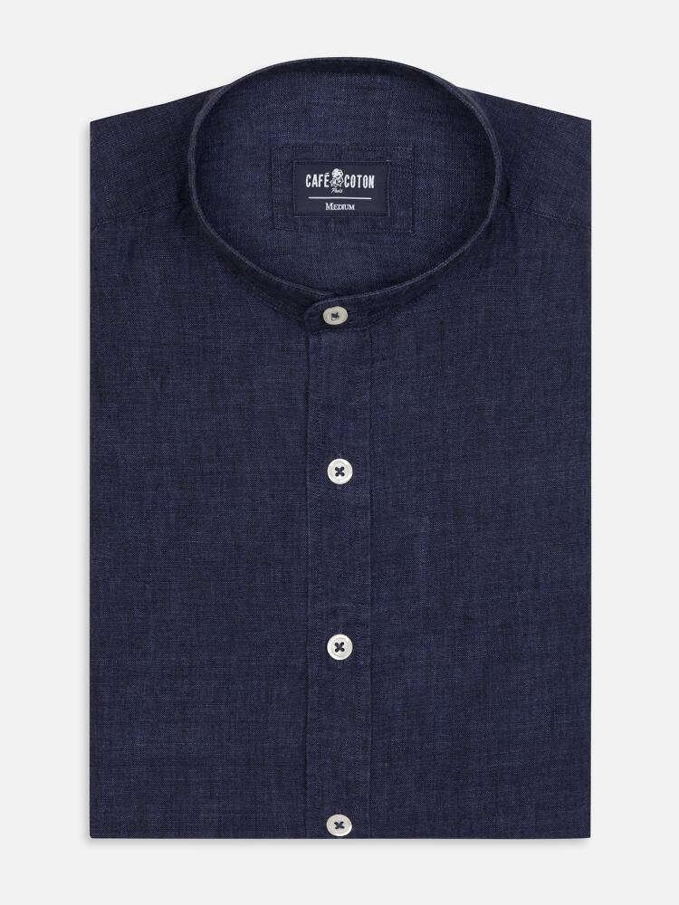 Olaf collarless shirt in navy linen