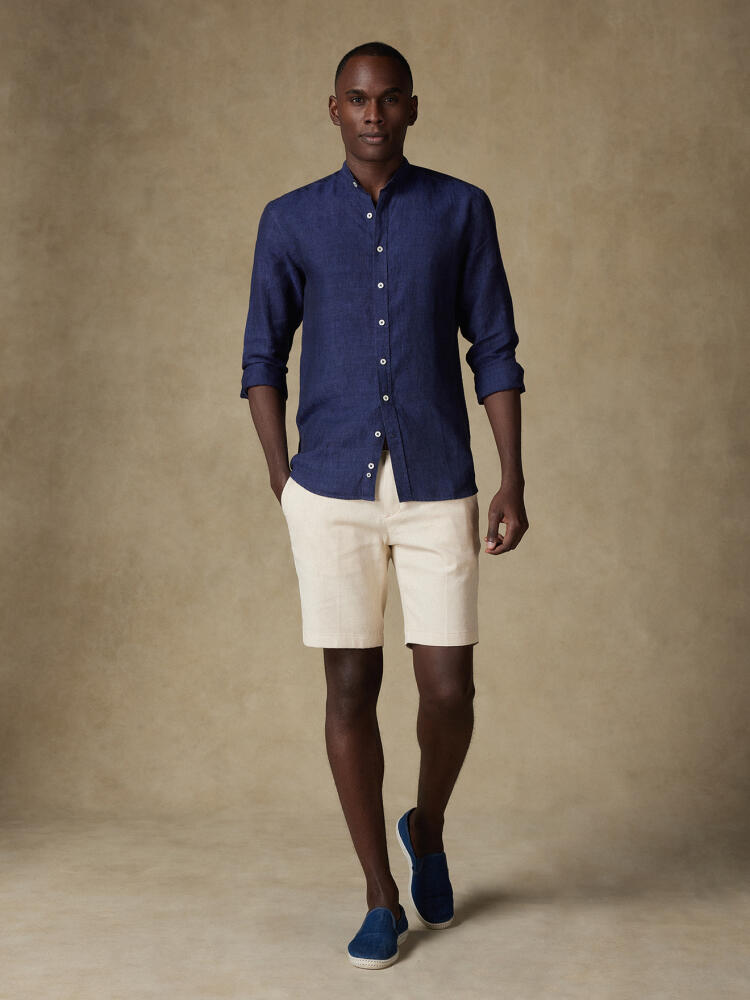 Olaf collarless shirt in navy linen