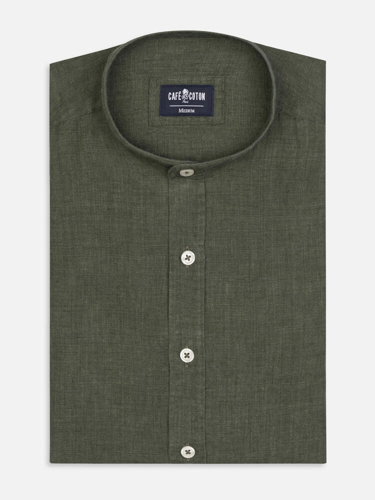 Olaf collarless shirt in khaki linen