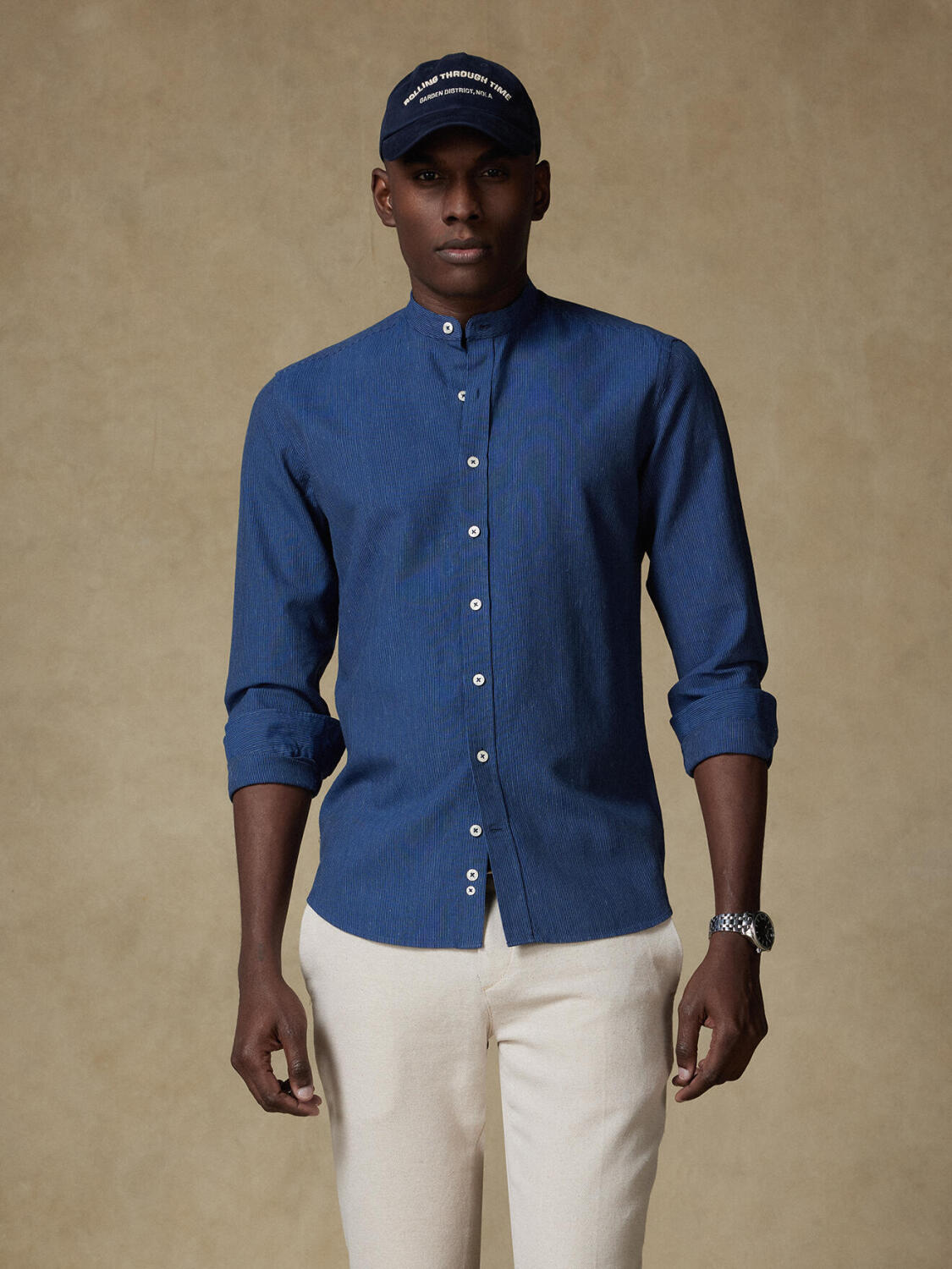 Chemise col mao Piper &agrave; rayures indigo